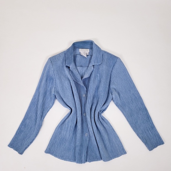 Pleated Cardigan Set t-shirt Long sleeve pleats please collar ribbed top - Picture 8 of 13